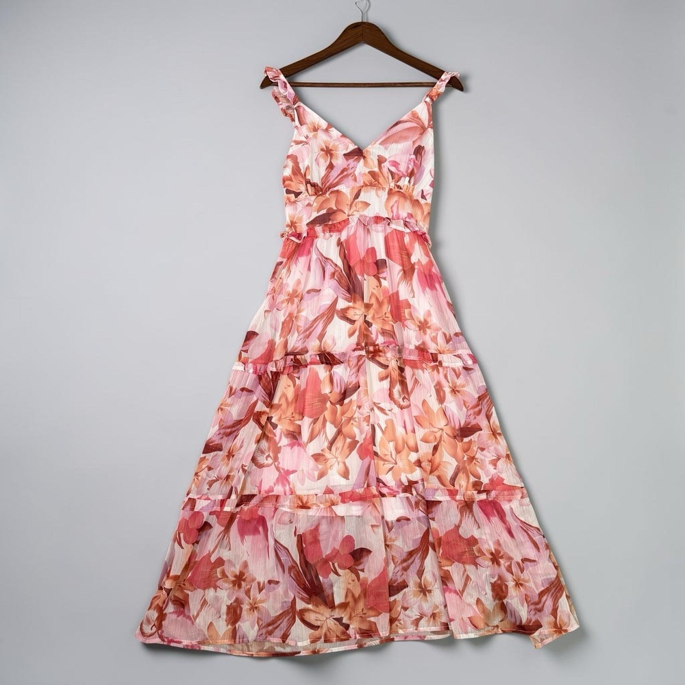 Dizzy Lizzy Pink Floral Tiered Maxi Dress Flutter Romantic Fairy Whimsical Sz S